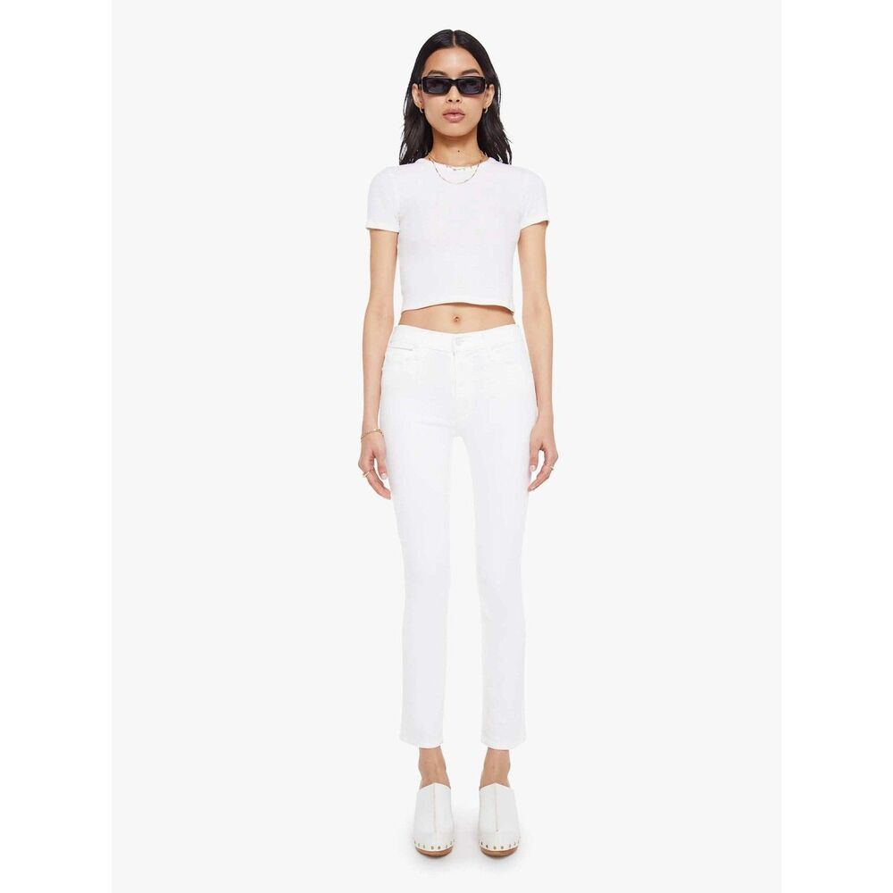 MOTHER Skinny Jeans Women High Waisted Raw Hem Size 24 White Stretch Denim